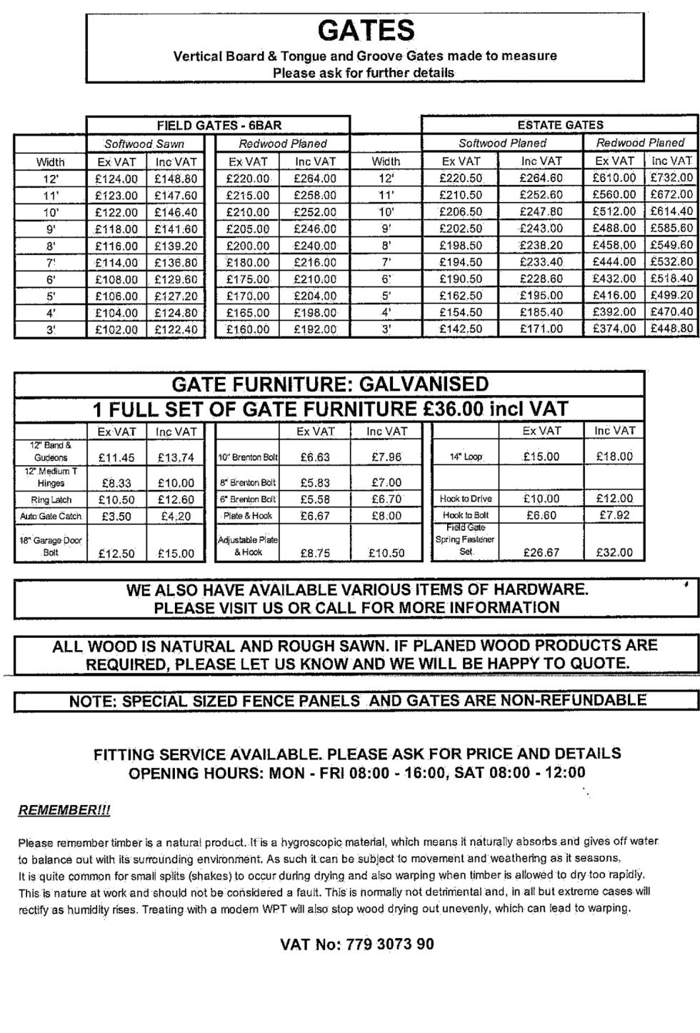 Price List J. H. Jones Woodcraft Fencing